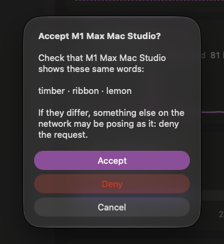 Accept M1 Max Mac Studio? Check that M1 Max Mac Studio shows these same words: timber · ribbon · lemon. Accept, Deny and Cancel