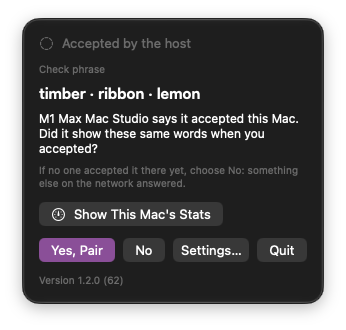 The client's menu-bar window: Accepted by the host, timber · ribbon · lemon, asking whether the host showed these same words, with Yes, Pair and No