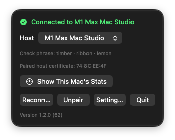The Fuse Box Client menu-bar item, open: connected to M1 Max Mac Studio, with its check phrase timber · ribbon · lemon