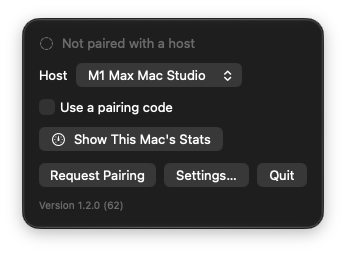 The client's menu-bar window, not paired yet, with M1 Max Mac Studio chosen under Host and Request Pairing below