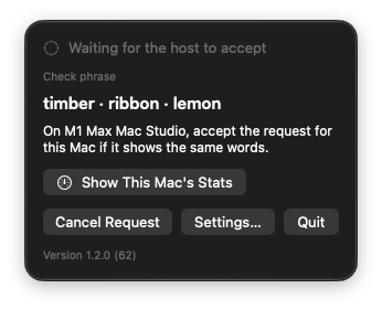 The client's menu-bar window waiting for the host to accept, with the check phrase timber · ribbon · lemon