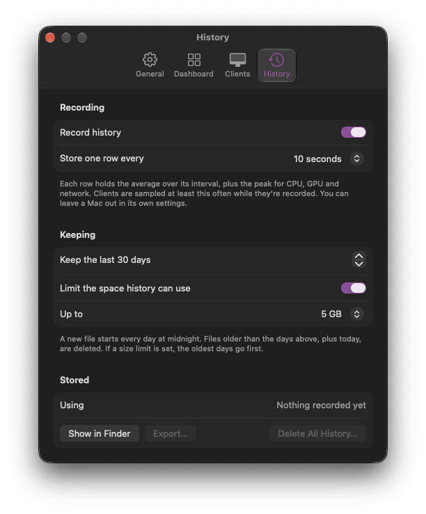 Settings, History: Record history on, one row every 10 seconds, keep the last 30 days, limited to 5 GB