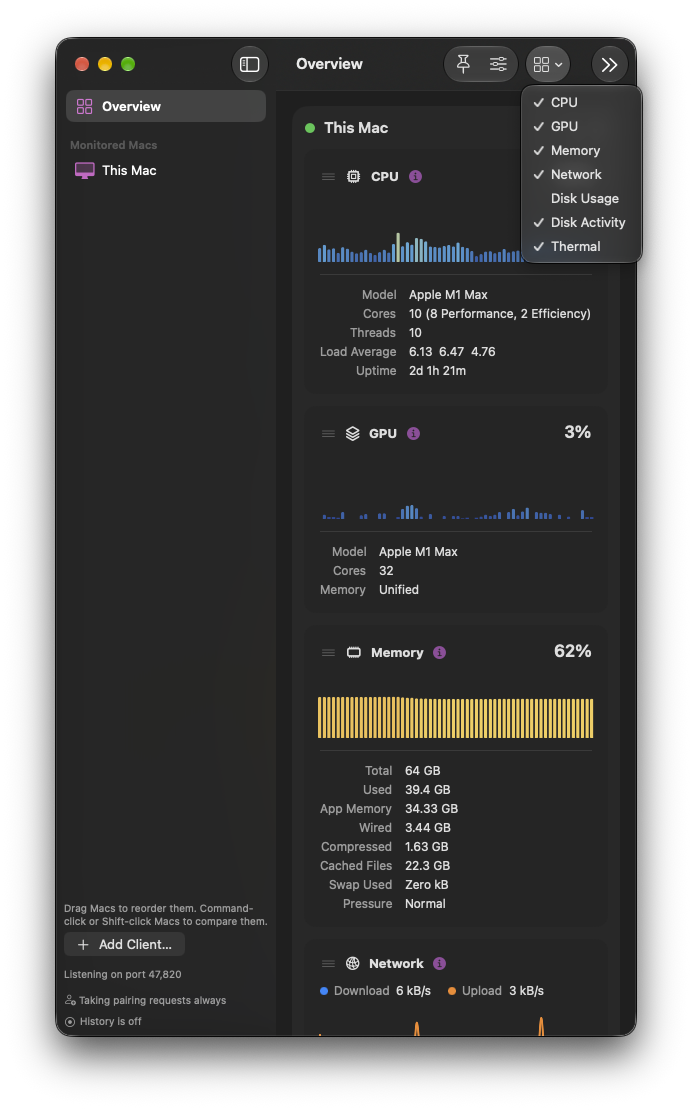 The Modules menu open in the toolbar, with a check beside each card shown: CPU, GPU, Memory, Network, Disk Activity and Thermal