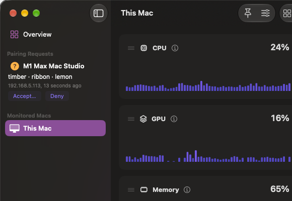 The dashboard's sidebar with a pairing request from M1 Max Mac Studio, showing timber · ribbon · lemon, with Accept and Deny