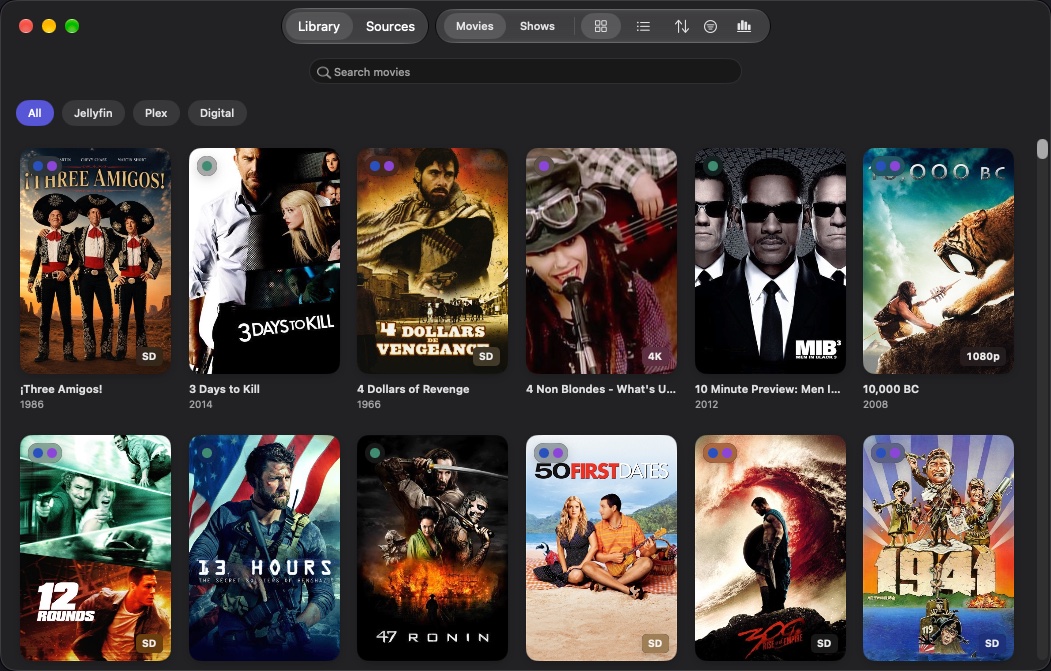 Reel Radar's Library on the Mac: a grid of movie posters from Jellyfin, Plex and digital purchases, each with its resolution