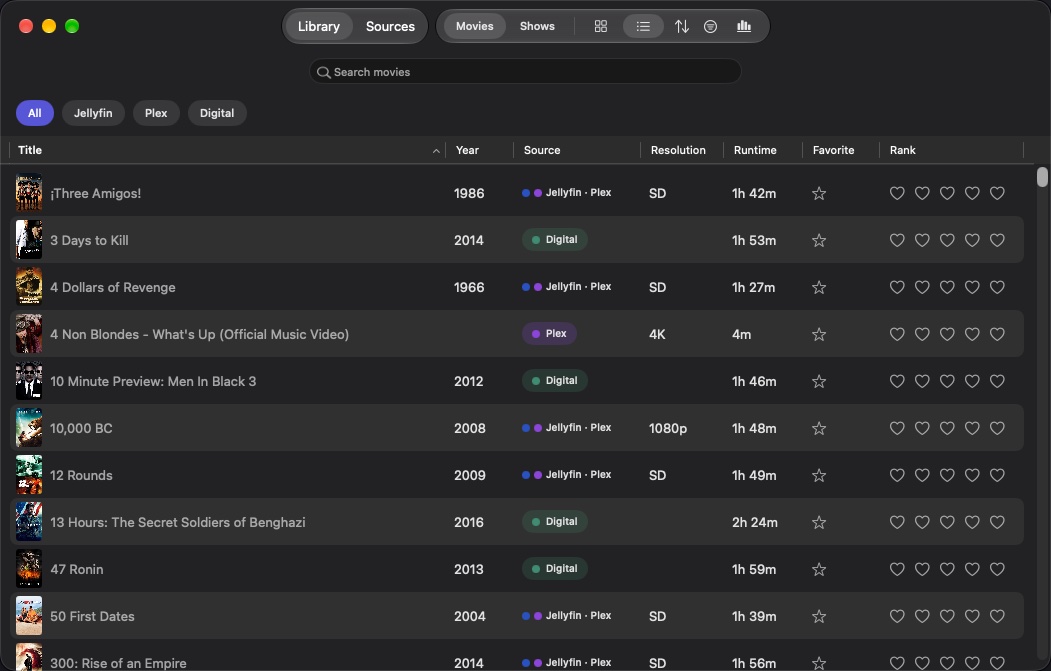 The Library as a list, with Source, Resolution and Runtime columns; films on both Jellyfin and Plex show both