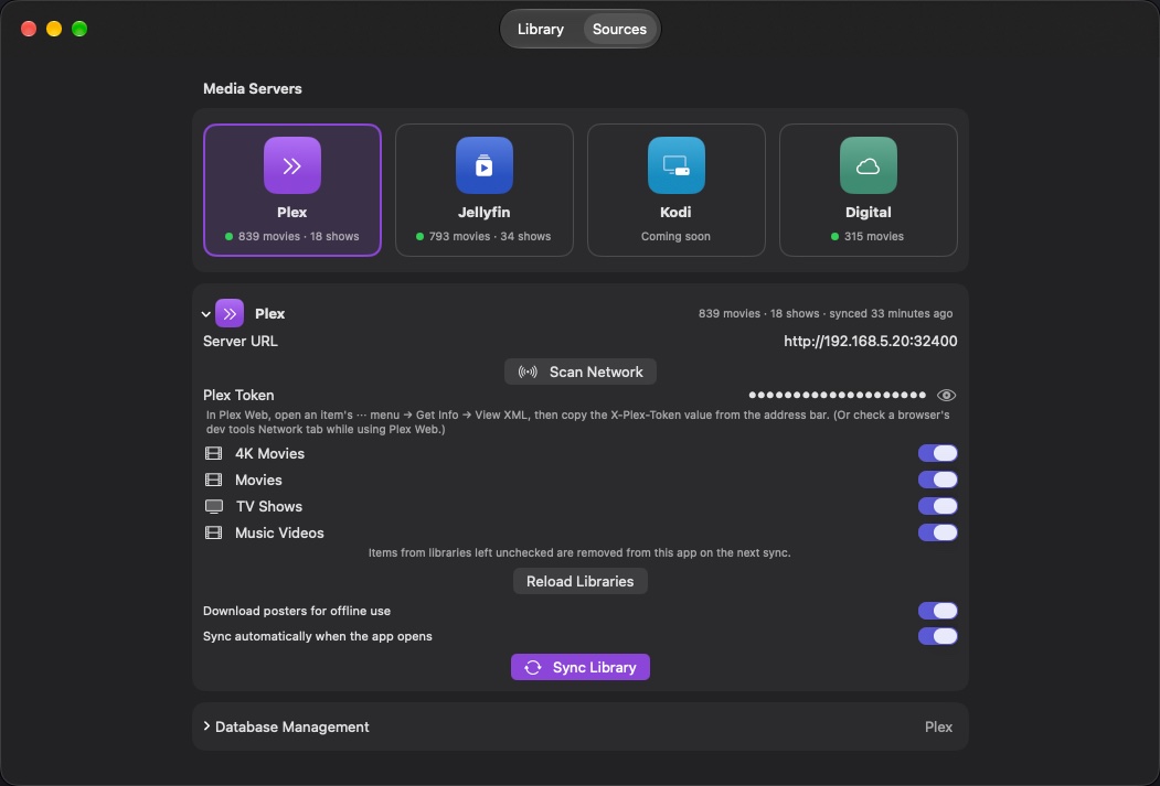 Sources: tiles for Plex, Jellyfin, Kodi and Digital, with the Plex server's settings and Scan Network