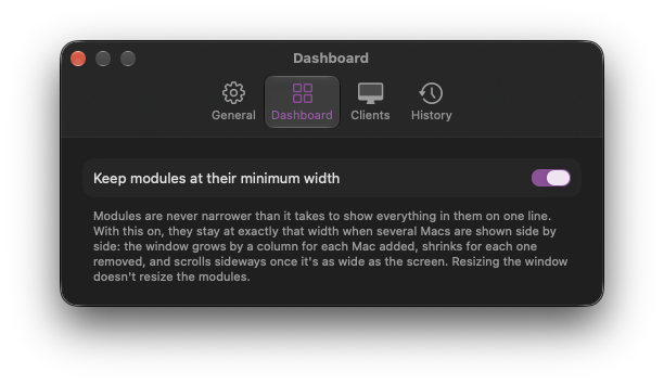 Settings, Dashboard: Keep modules at their minimum width, turned on