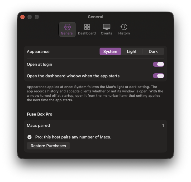 Settings, General: Appearance, Open at login, and the Fuse Box Pro section with Macs paired, Pro: this host pairs any number of Macs, and Restore Purchases
