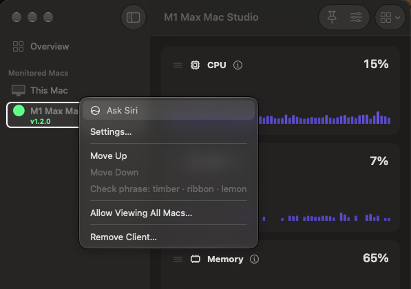 Right-clicking M1 Max Mac Studio in the sidebar: Settings, Move Up, Move Down, its check phrase timber · ribbon · lemon, Allow Viewing All Macs and Remove Client